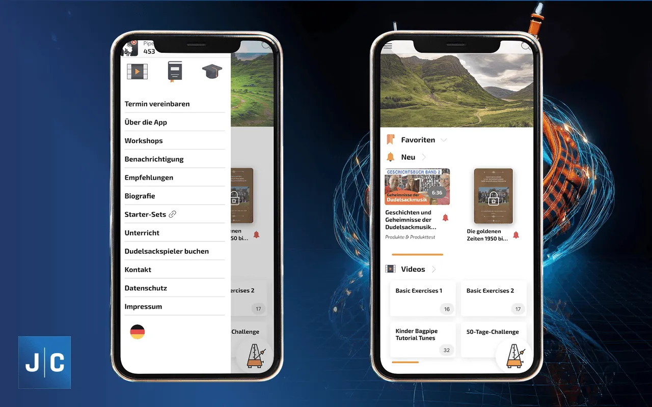 Die App der Dudelsackschule auf zwei Smartphones