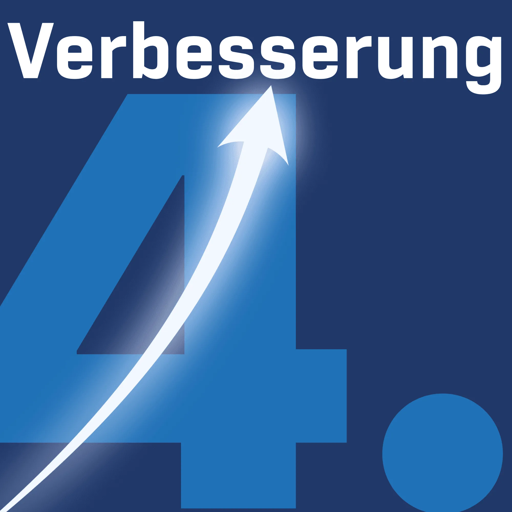 Infografik zur Phase 4 „Verbesserung“: Groß dargestellte Ziffer „4.“ vor blauem Hintergrund. Ein weißer Pfeil im Vordergrund zeigt steil nach oben und symbolisiert Optimierung und Wachstum.