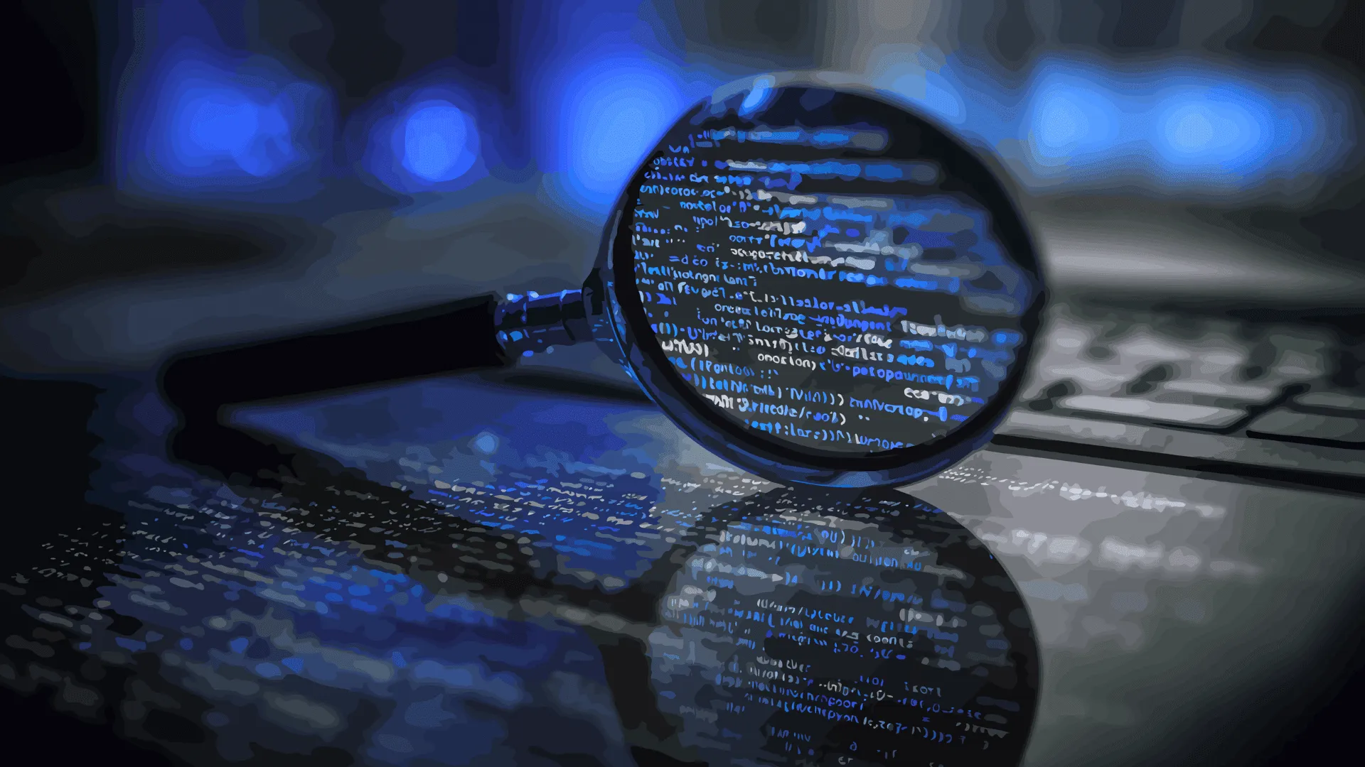 Digitale Analyse: Eine Lupe liegt auf einer dunklen Tastatur und vergrößert blau leuchtenden Programmcode, der sich auf der Oberfläche spiegelt.