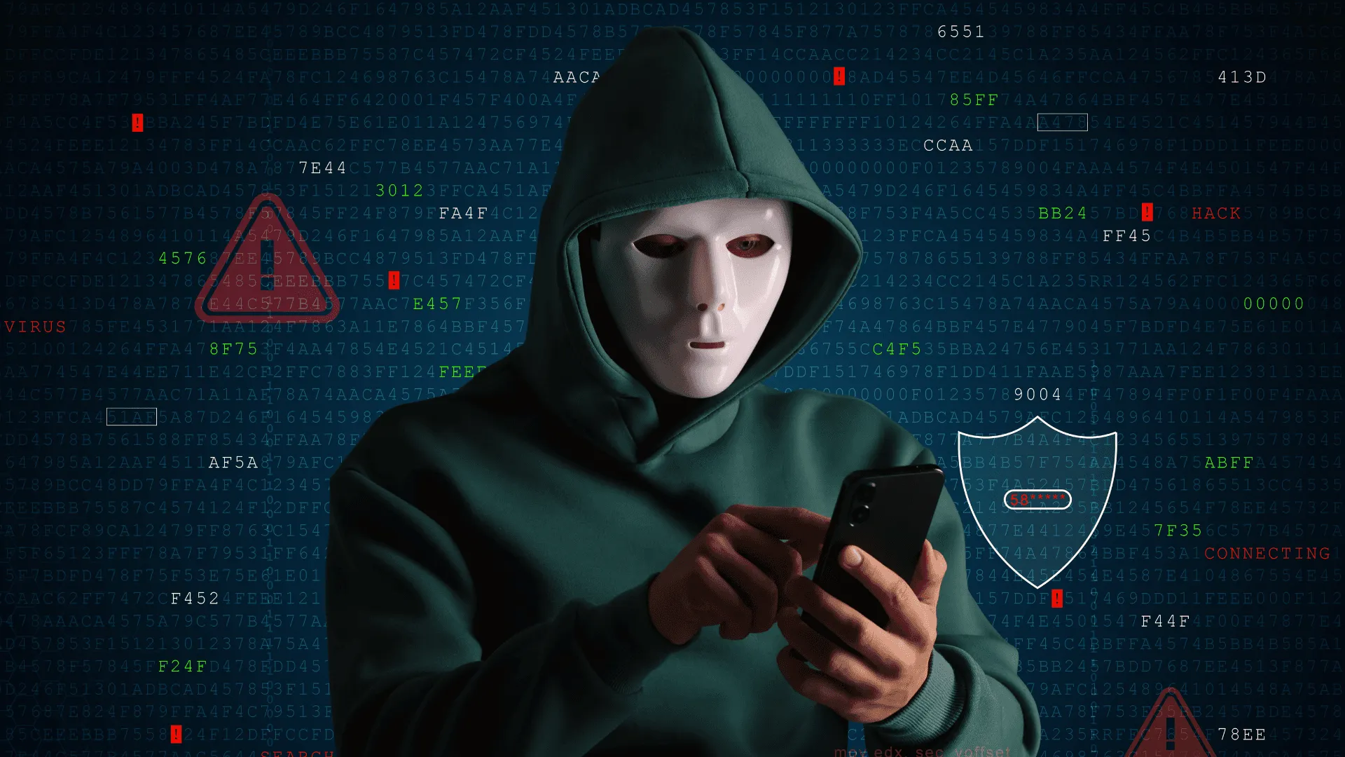 Cyber-Kriminalität: Eine Person mit einer weißen Maske und dunkler Kapuze blickt auf ein Smartphone, umgeben von digitalen Warnsignalen und Matrix-Code.